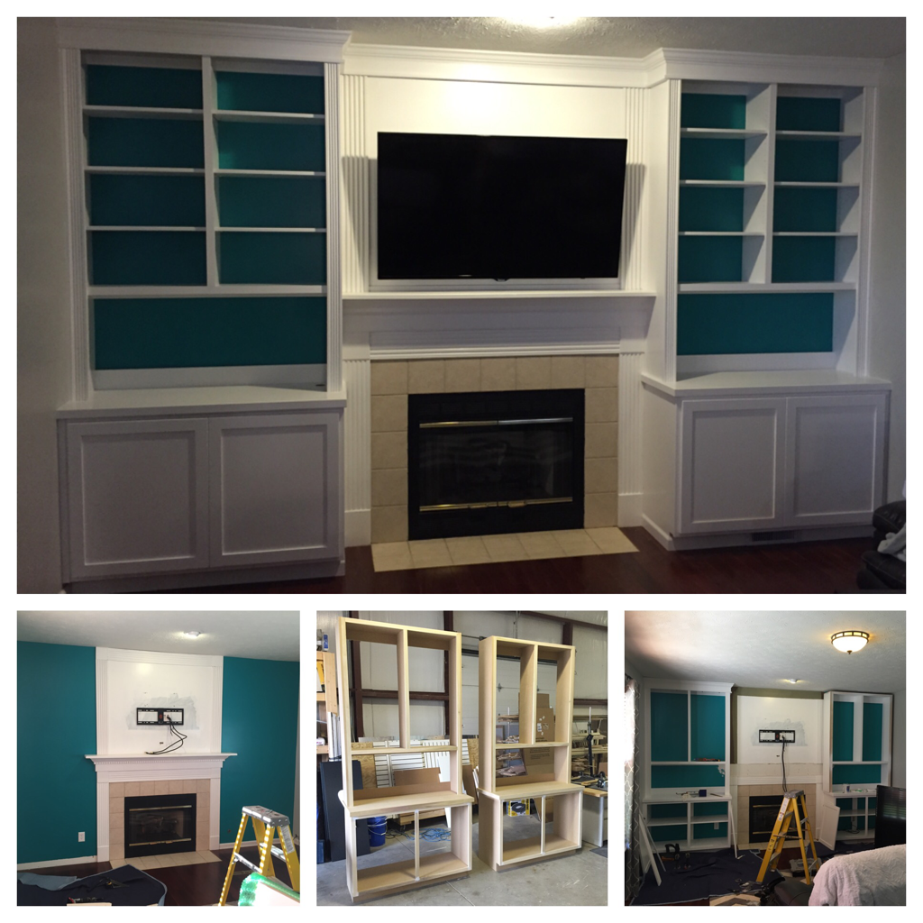 Living room built-in with base cabinets, bookcases with adjustable shelving, two piece crown molding and open backs to allow wall color to add a pop of color. 