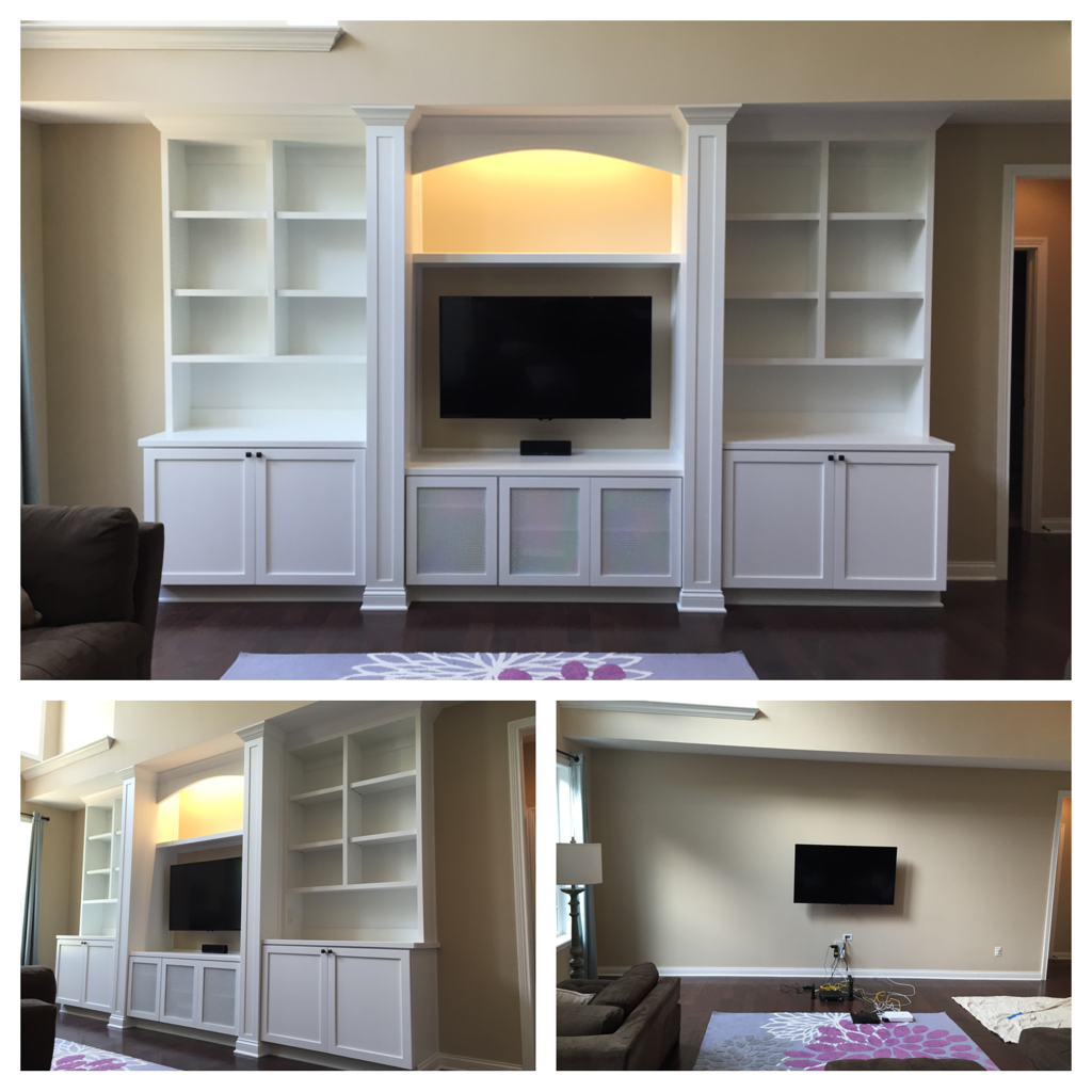 Living room entertainment built-in with columns, tv console, base cabinets, bookcases, crown molding, led lighting. 